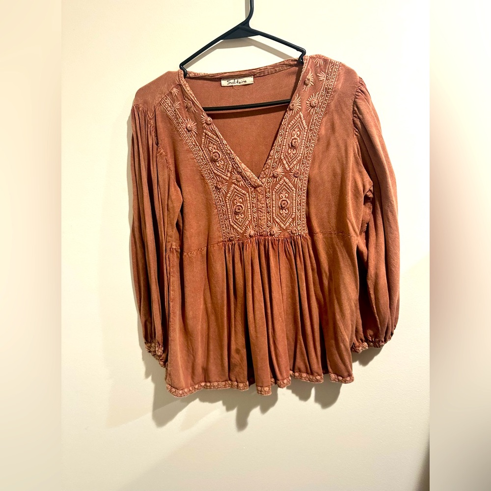 Solitaire Anthropologie medium Womens Brown Boho Hippie Brown Top Blouse